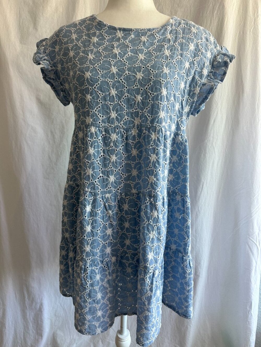 Blue & White Eyelet Lace Cap Sleeved Ruffle Tiered Mini Womens Dress Size M